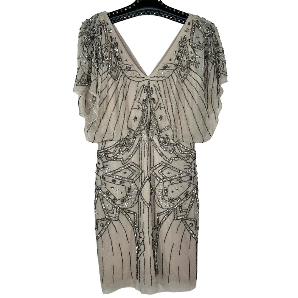 Aidan Mattox Eve Beaded Sequin V-Neckline Blouson Dress 6 NWT